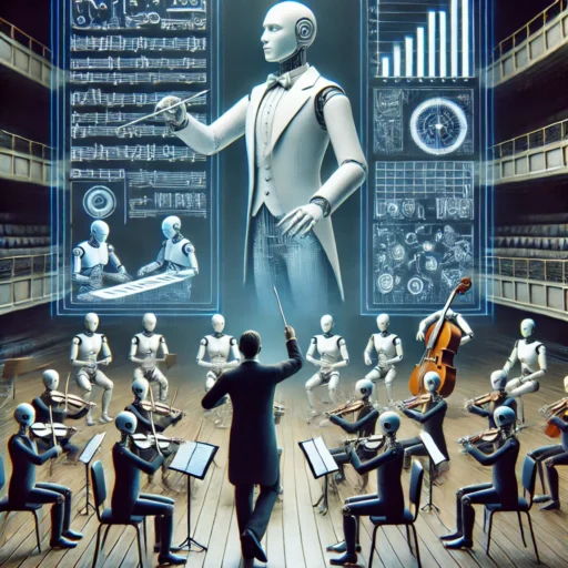 Un humano dirigiendo, como un conductor de orquesta, a la inteligencia artificial que trabaja de manera autónoma en diversas tareas creativas.