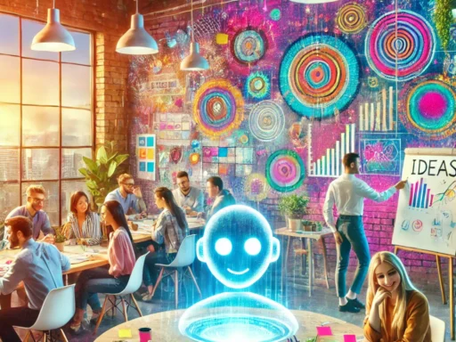 representa cómo liberar la creatividad en un entorno laboral, destacando la colaboración, la inspiración, y el uso de la inteligencia artificial como herramienta innovadora. Imagen creada con DALL-E