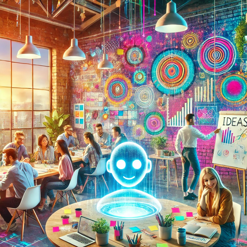 representa cómo liberar la creatividad en un entorno laboral, destacando la colaboración, la inspiración, y el uso de la inteligencia artificial como herramienta innovadora. Imagen creada con DALL-E