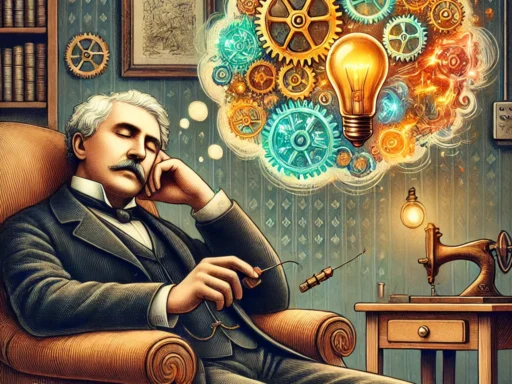 Thomas Alva Edison tomando una siesta, con su mente representando creatividad y nuevas ideas. Foto: DALL-E