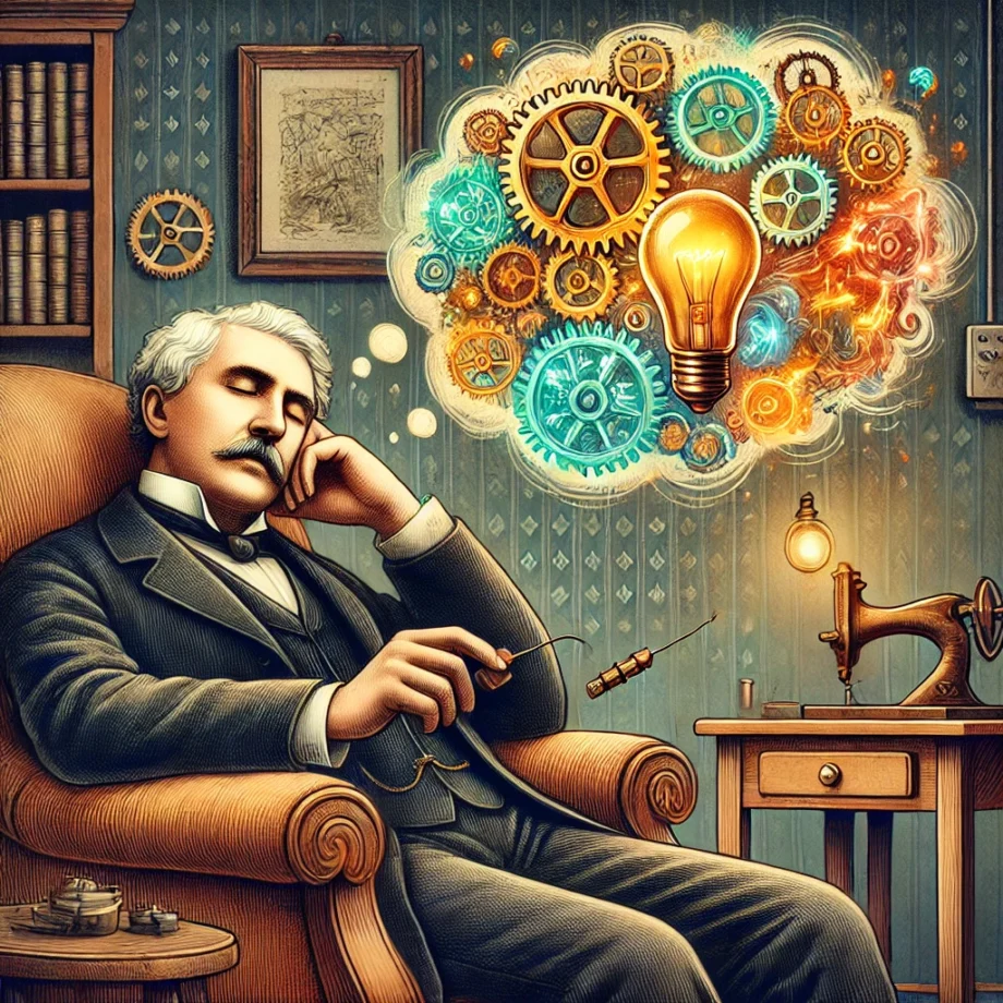 Thomas Alva Edison tomando una siesta, con su mente representando creatividad y nuevas ideas. Foto: DALL-E